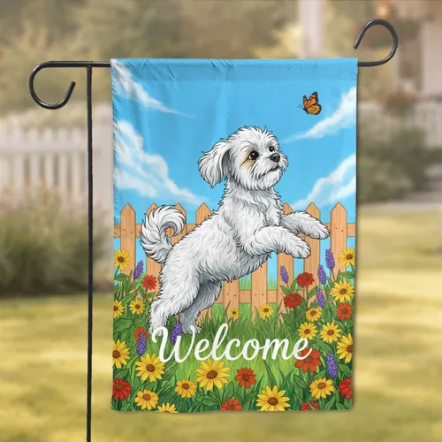 Fluffy White Maltese Dog Monarch Butterfly Garden Welcome Floral Sign - Home & Garden Decor Garden Flag