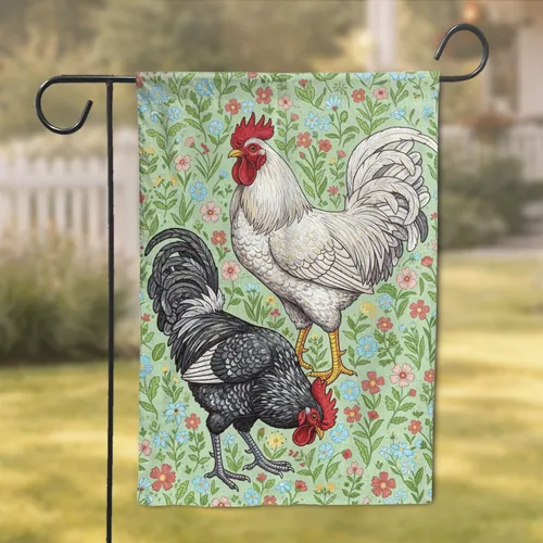 White & Speckled Rooster Wildflower Meadow - Farmhouse Home Decor Gift for Bird Lover Garden Flag