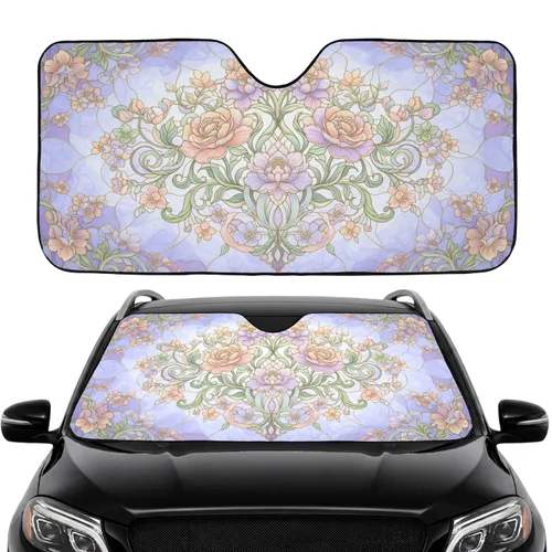 Stained Glass Floral Mosaic Blossoms Leaves Gold Filigree - Car Interior Upgrade Road Trip Gift Car Sunshade