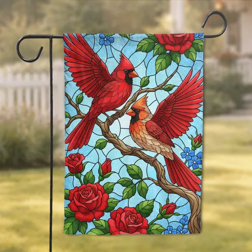 Two Cardinal Birds Stained Glass Roses Berries Home Decor Gift for Bird Lovers Garden Flag