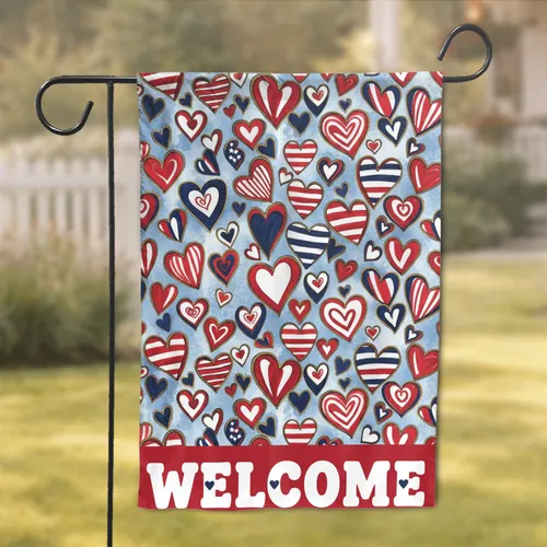 Vibrant Dense Layered Hand-Painted Hearts WELCOME Sign - Everyday Home Decor Gift Garden Flag