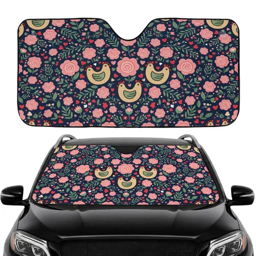 Chickens Roosters Hens Pink Flowers Red Hearts - Commute Accessory for Farm Lovers Car Sunshade