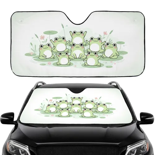 Plump Pastel Green Frogs Lily Pads Reeds Pond Scene - Road Trip Travel Accessory Car Sunshade