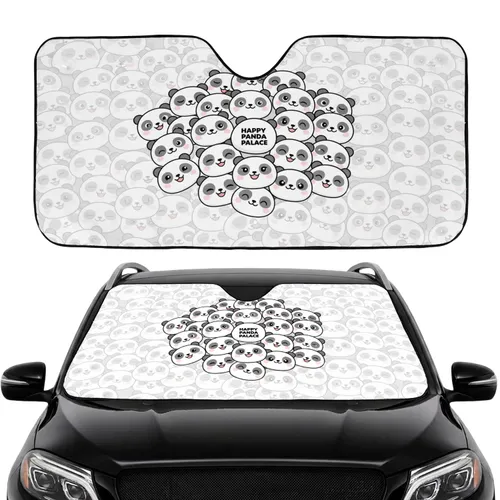 Panda Bear Faces Winking Rosy Cheeks Bamboo Leaves Soft Clouds - Road Trip Commute Accessory Car Sunshade