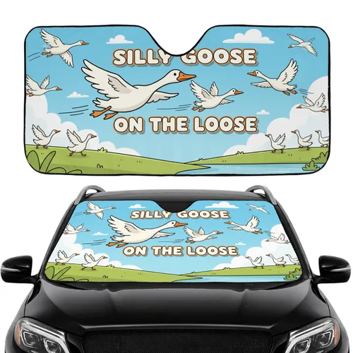 Silly Goose On The Loose Plump White Goose Marshland Reeds Sky - Road Trip Gift Car Sunshade