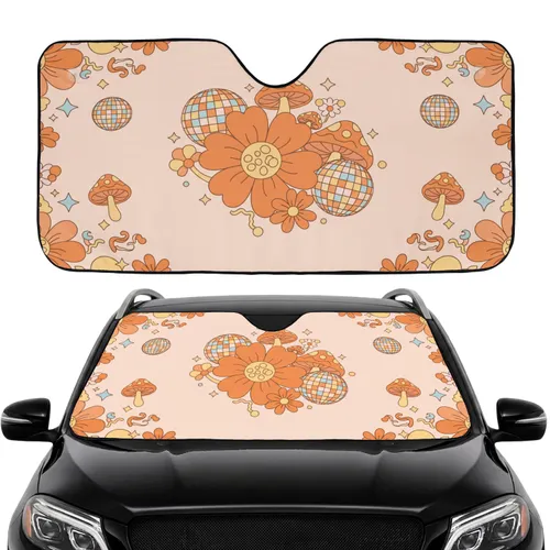 Burnt Orange Creamy Pink Flowers Retro Mushrooms Disco Balls - Car Interior Upgrade Car Sunshade