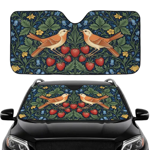 Midnight Blue Thrush Birds Strawberry Lily Foliage Flowers Car Interior Upgrade Car Sunshade
