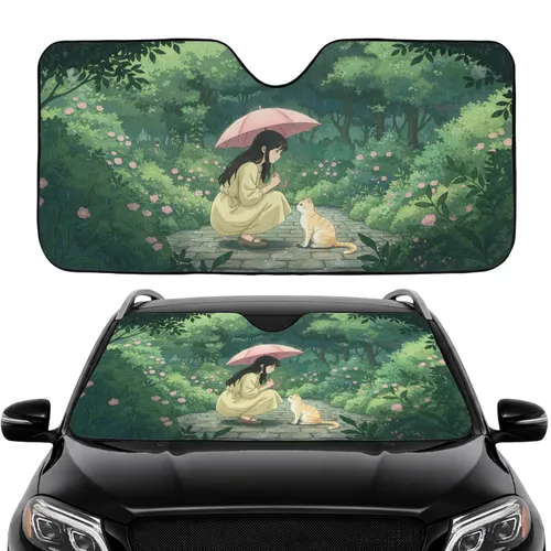 Young Girl Pink Umbrella Tabby Cat Garden - Road Trip Gift Car Sunshade