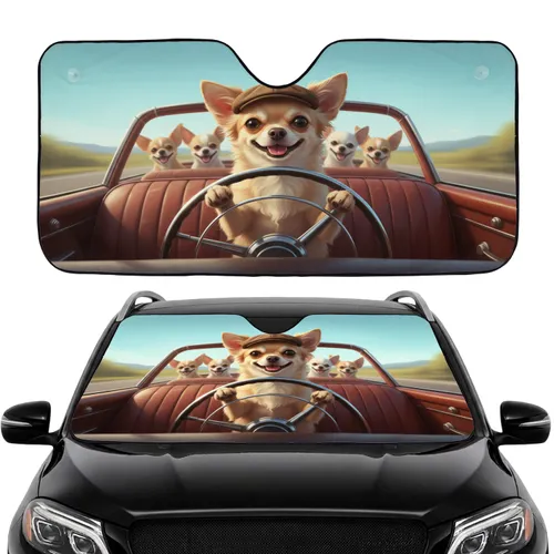 Smiling Chihuahua Driving Crew Road Trip - Car Interior Upgrade for Dog Lovers Car Sunshade