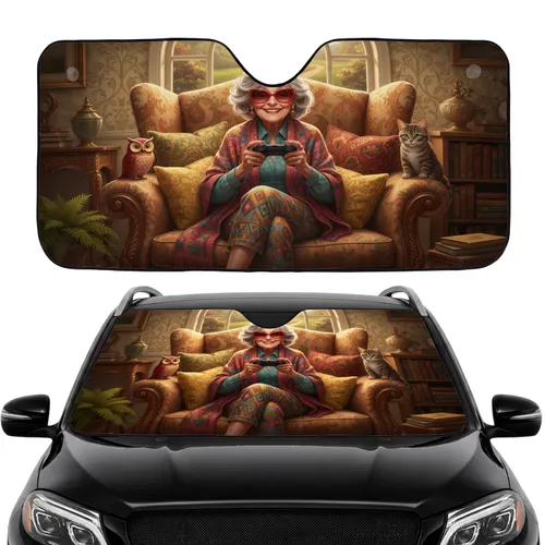 Gaming Grandma with Tabby Cat & Red Owl - Car Interior Upgrade for Gamers Car Sunshade