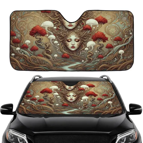 Female Faces Organic Headpiece Vines Foliage Mushrooms Stream - Car Interior Upgrade Car Sunshade