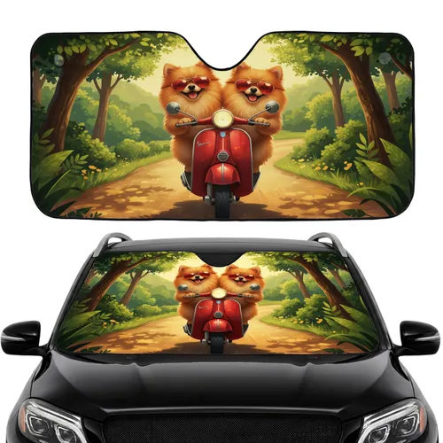 Fluffy Pomeranian Dogs Red Scooter Adventure - Road Trip Gift for Dog Lovers Car Sunshade