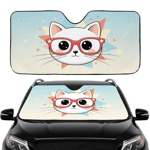 White Cat Red Retro Star Glasses Road Trip Travel - Cat Lover Commute Accessory Car Sunshade