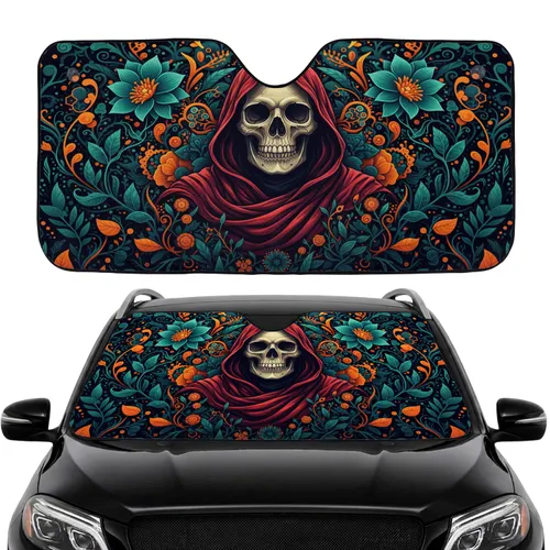 Crimson Skull Hooded Cowl Floral Mandala Gears Vines Foliage Car Interior Upgrade Car Sunshade