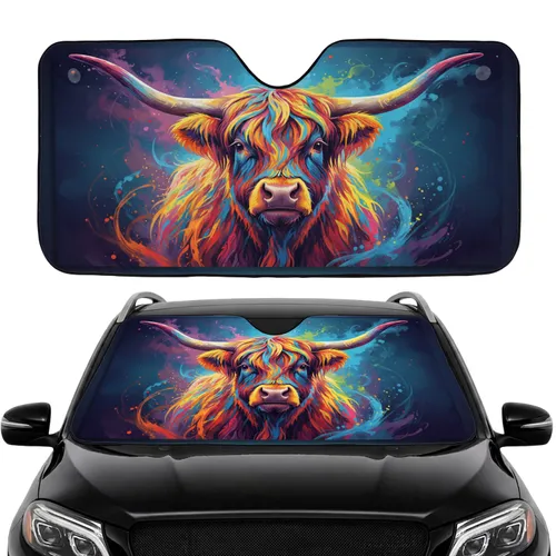 Highland Cow Rainbow Fur Car Interior Upgrade Road Trip Gift for Cow Lover Car Sunshade