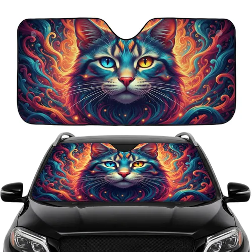 Majestic Cat Face Piercing Eyes Iridescent Fur Swirls - Car Interior Upgrade for Cat Lovers Car Sunshade