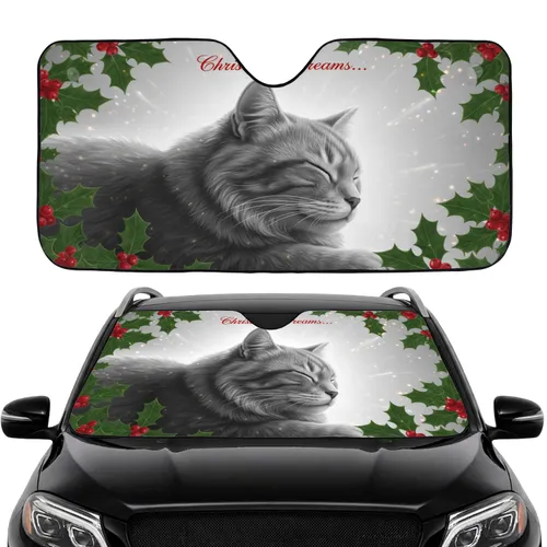 Fluffy Cat Holly Berries Christmas Dreams - Christmas Travel Essentials for Cat Lover Car Sunshade