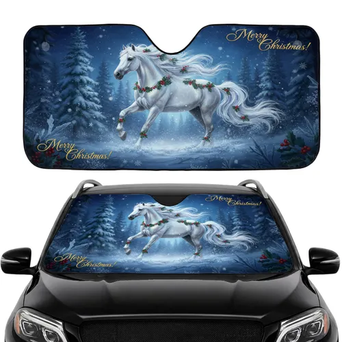 Ethereal White Horse Holly Winter Forest Christmas Car Interior Upgrade Car Sunshade