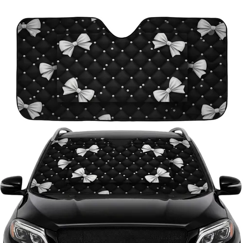 Deep Black Quilted Fabric White Satin Bows Pearl Dots Road Trip Commute Essential Car Sunshade