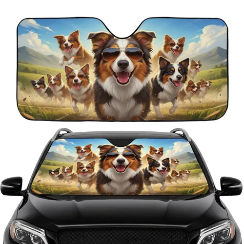 Smiling Border Collie Australian Shepherd Dogs with Sunglasses - Road Trip Gift Car Sunshade