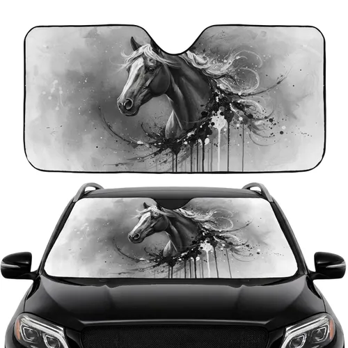 Black Horse Head Impasto Brushstrokes - Car Interior Upgrade for Dynamic Power Car Sunshade