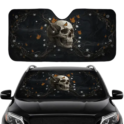 Weathered Skull Monarch Butterflies Gnarled Branches - Car Interior Upgrade Car Sunshade