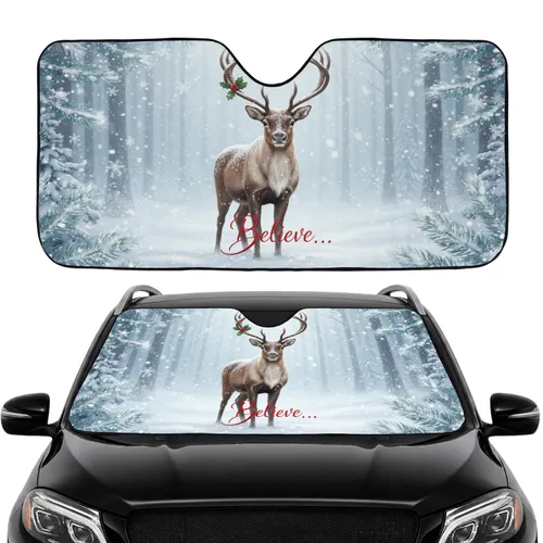 Reindeer Holly Berries Snow Winter Forest Believe - Christmas Road Trip Gift Car Sunshade