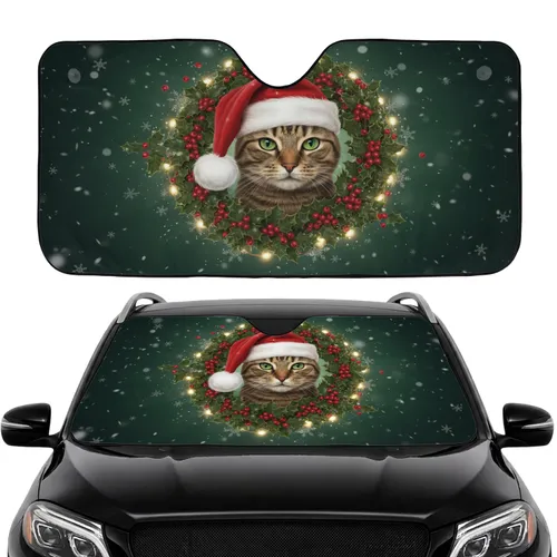 Tabby Cat Santa Hat Holly Wreath Snow - Christmas Car Interior Upgrade Car Sunshade