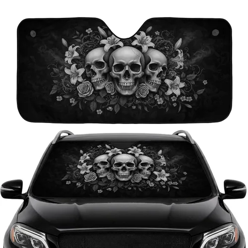 Monochromatic Realistic Skulls White Lily Flowers Vines Car Interior Upgrade Car Sunshade