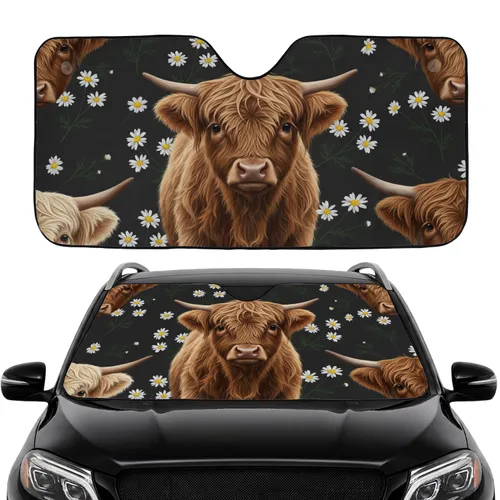 Fluffy Highland Calf Daisies Car Interior Upgrade - Cow Lover Gift Car Sunshade