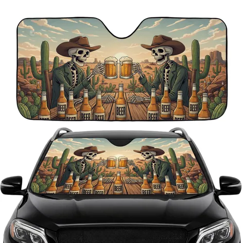 Skeletal Cowboy Beer Toast Rustic Western Desert - Road Trip Gift for Beer Lovers Car Sunshade