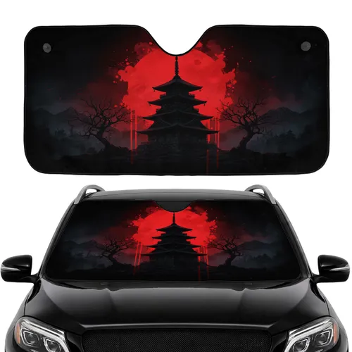 Japanese Pagoda Castle Red Sun Silhouetted Trees - Car Interior Upgrade Car Sunshade