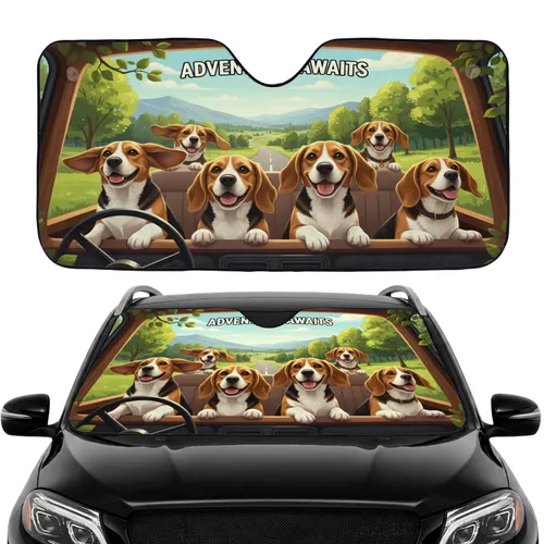 Five Realistic Beagles Rolling Hills Scenic Road Blue Sky - Road Trip Accessory for Beagle Lover Car Sunshade