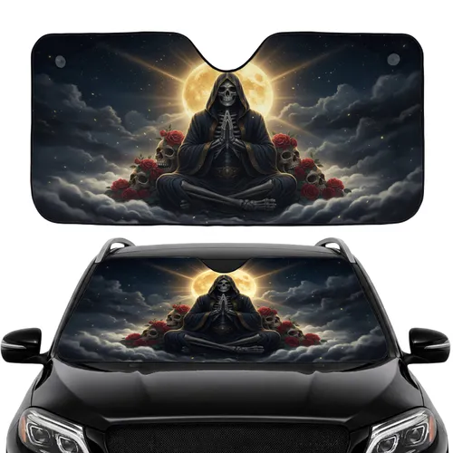 Meditative Grim Reaper Skulls Red Roses Cosmic Golden Moon - Road Trip Travel Accessory Car Sunshade