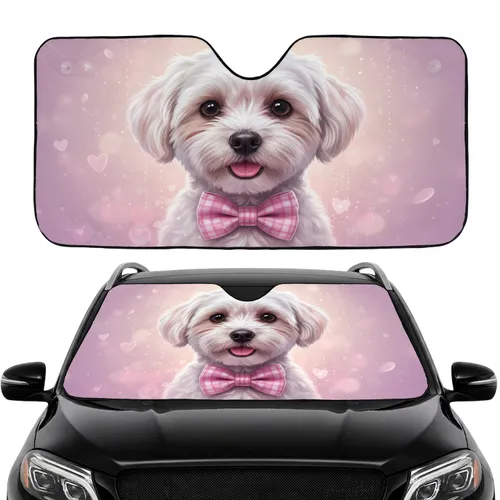 Fluffy White Maltese Dog Pink Bow Tie Car Interior Upgrade for Dog Lover Car Sunshade