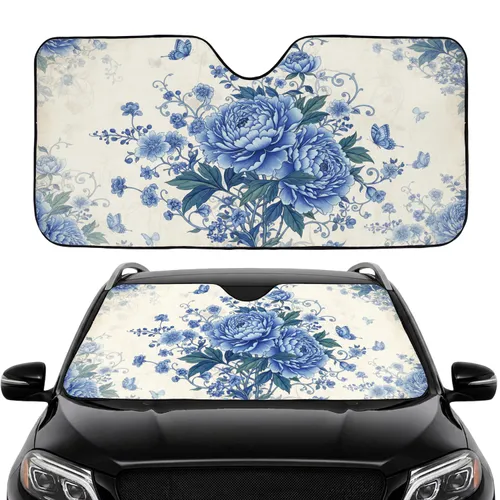 Lush Chinoiserie Blue Peony Butterfly Vines Botanical - Car Interior Upgrade Commute Accessory Car Sunshade