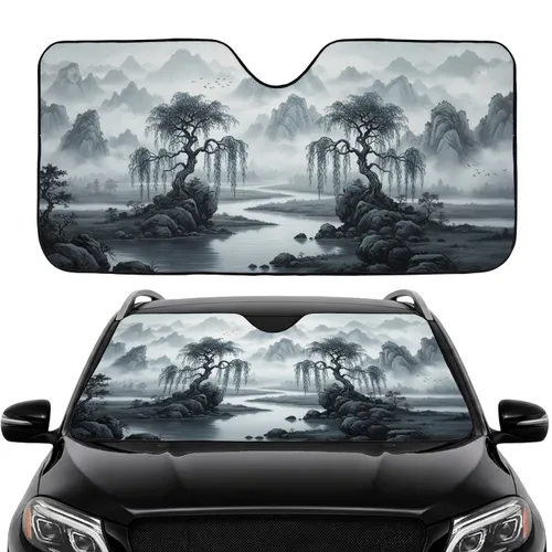 Ancient Willow Trees Craggy Rocks Majestic Mountains Serene River Fog - Car Interior Upgrade Car Sunshade