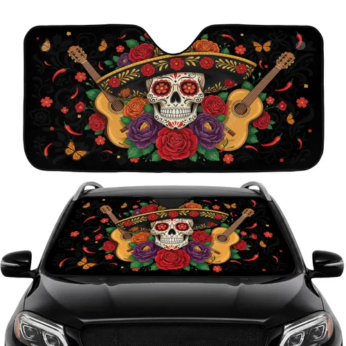 Día de los Muertos Sugar Skull Sombrero Guitar - Mexican Road Trip Gift Car Sunshade