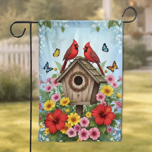 Red Cardinal Birdhouse Blooming Garden Flowers - Nature Lover Decor Gift Garden Flag