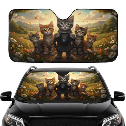 Realistic Kittens Steering Wheel Adventure Landscape - Road Trip Car Interior Upgrade Car Sunshade
