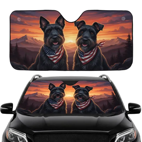 Black Scottish Terriers American Flag Mountain Sunset - Road Trip Gift for Dog Lovers Car Sunshade