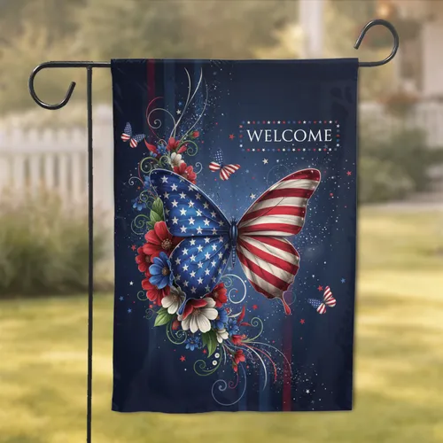 Majestic Butterfly Stars Stripes Floral Welcome - Patriotic Home Decor Garden Flag