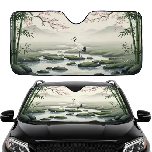 White Crane Winding Stream Cherry Blossom Bamboo - Car Interior Upgrade Wildlife Lover Gift Car Sunshade