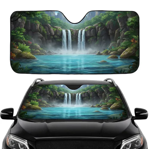 Majestic Waterfall Tropical Cliffs Aqua Pool - Car Interior Upgrade Car Sunshade