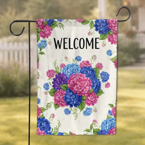 WELCOME Lush Hydrangea Floral Blooms - Outdoor Garden Decor Gift Garden Flag