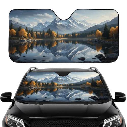 Snow-capped Mountain Lake Reflection Autumn Birch Trees - Road Trip Gift Car Sunshade