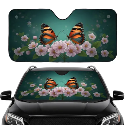 Vibrant Orange Butterflies Cherry Blossoms Nocturnal Garden - Car Interior Upgrade Car Sunshade