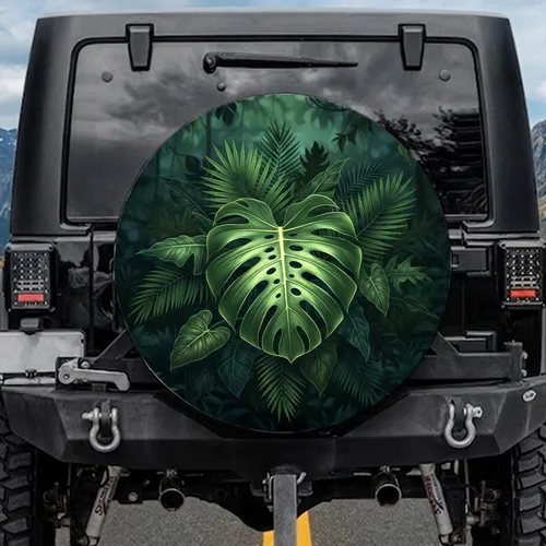 High Contrast Monstera Palm Jungle Foliage - Greenery Travel Essential Spare Tire Cover