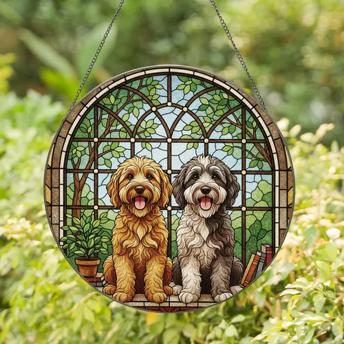 Happy Panting Goldendoodle Dogs Window Frame Shelf - Pet Owner Home Decor Gift Stained Glass Suncatcher