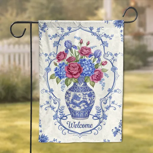 Chinoiserie Welcome Floral Vase Pink Rose Bouquet - Everyday Home Decor Gift Garden Flag